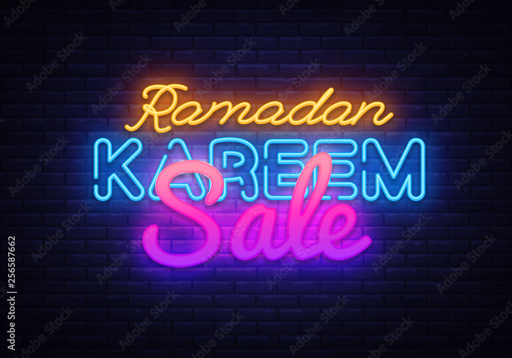Obraz premium Ramadan Kareem sale neon design. Ramadan Holiday discounts vector illustration design template in modern trend style, neon style, light banner for shop, nightly bright advertising discounts