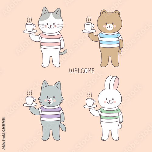Fototapeta Naklejka Na Ścianę i Meble -  Cartoon cute animals and coffee cup vector.