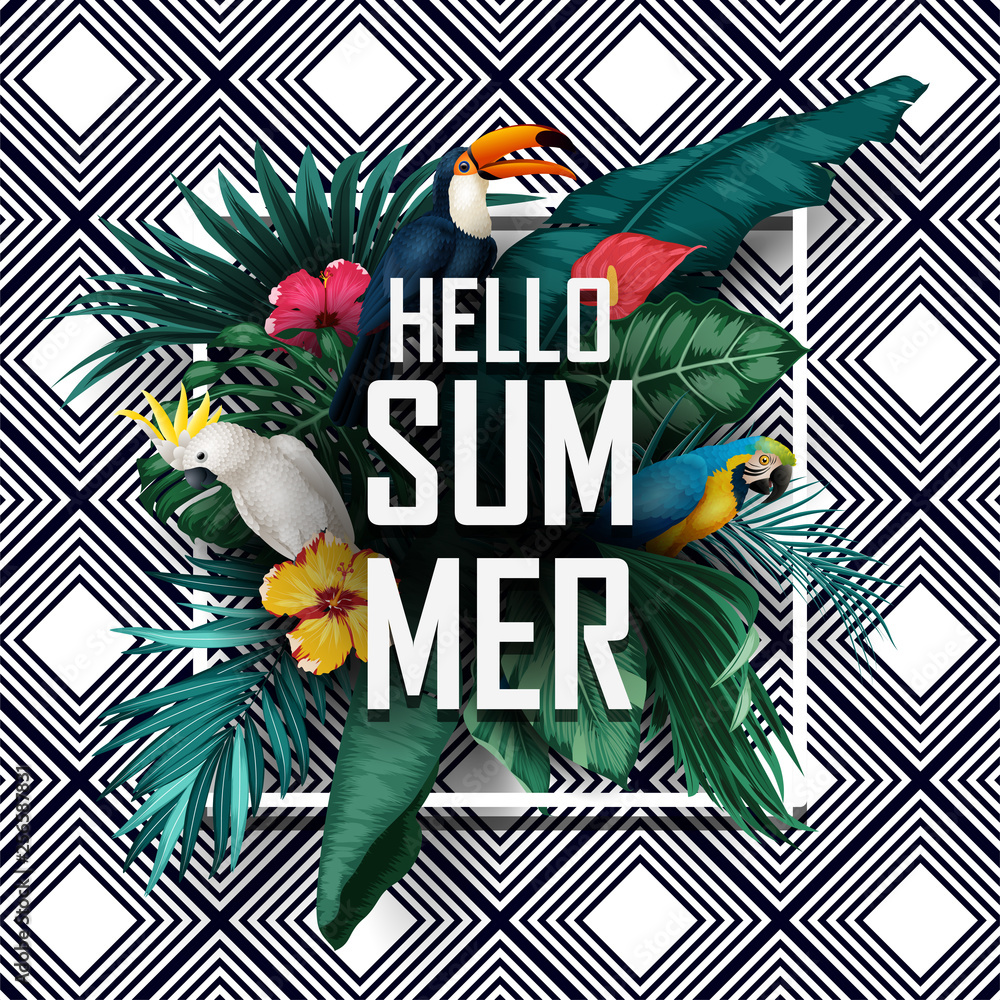 Hello Summer with Birds tropical plants on striped background Hello Summer with Birds tropical plants on striped background