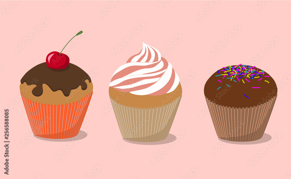 Three cupcake: cupcake with cherry, cupcake with cream, cupcake with chocolate Three cupcake: cupcake with cherry, cupcake with cream, cupcake with chocolate