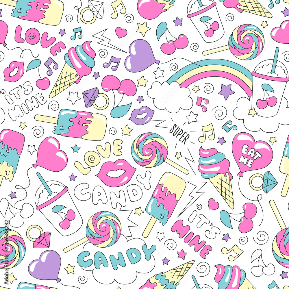 Sweets seamless pattern on a white background. Fashion illustration drawing in modern style for clothes. Drawing for kids clothes, t-shirts, fabrics or packaging. Ice cream, sweets, candy, pattern