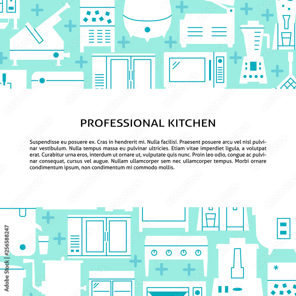 Professional kitchen equipment concept background in flat style