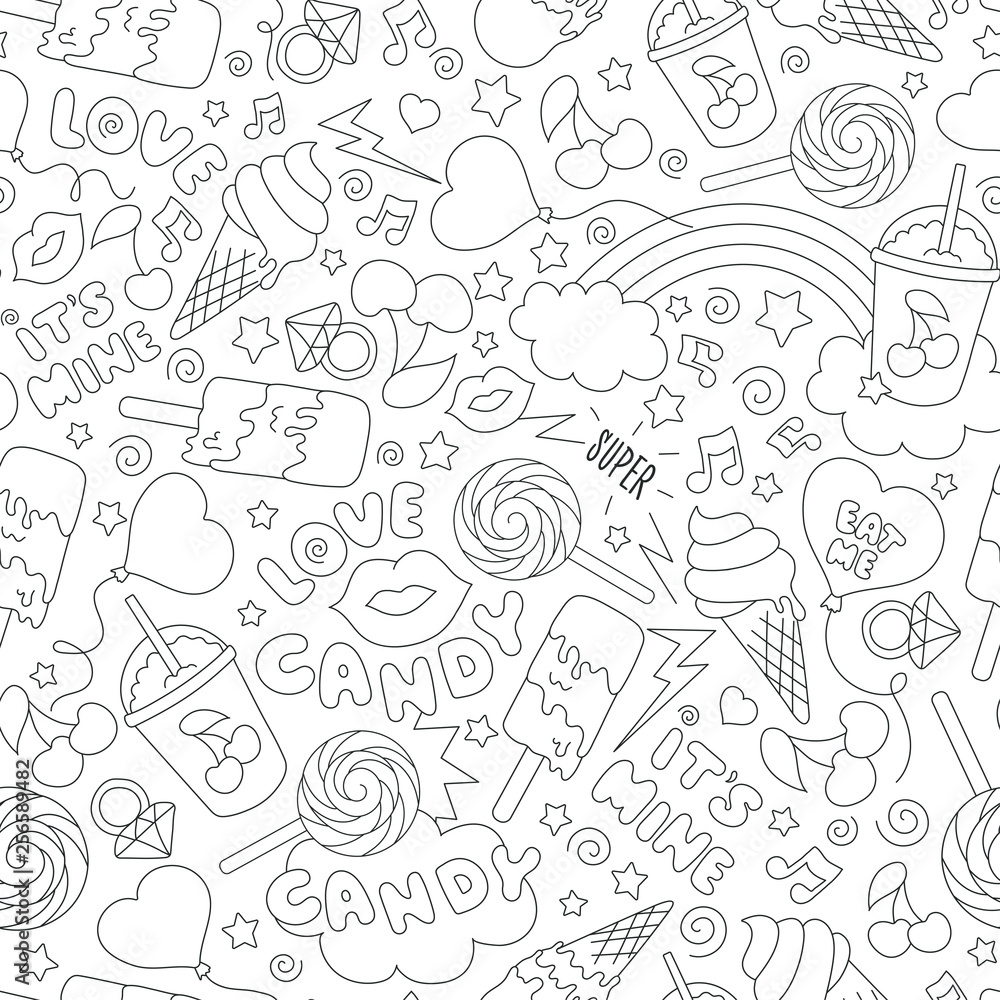 Sweets seamless pattern on a white background. Black and white abstract outline seamless pattern. Fashion illustration drawing in modern style for clothes. Drawing for kids clothes or packaging