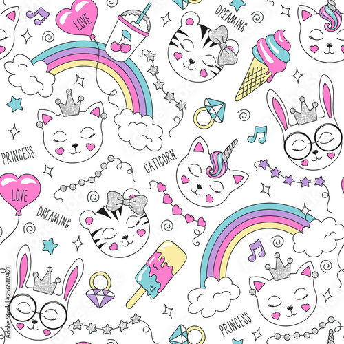 Cute animals pattern on a white background. Colorful trendy seamless pattern. Fashion illustration drawing in modern style for clothes. 