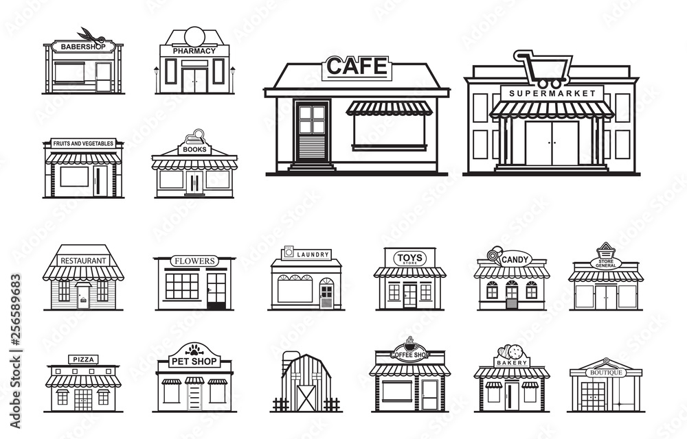 Facade Shop Store Front View Line Art Outline Style Icon Set