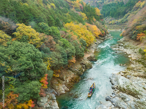 Hozugawa river boat ride route  in Japan autumn season