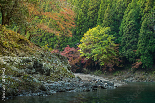 Hozugawa river boat ride route in Japan autumn season
