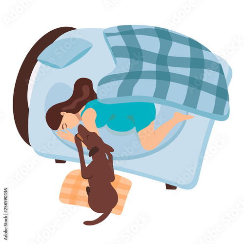 A pregnant girl wakes up in the morning. The dog wakes up a pregnant woman. The girl with her pet is sleeping in bed. Turquoise morning before giving birth. Checkered blanket.