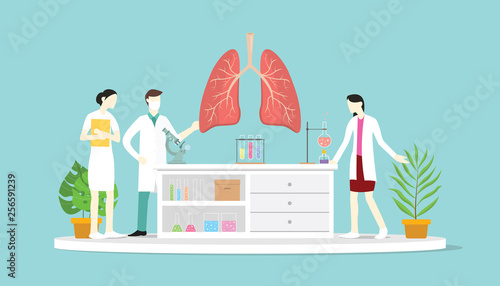 team of doctor discuss and teaching human lung anatomy health condition in laboratory - vector illustration