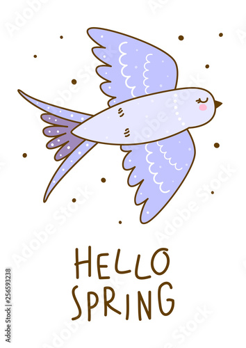 Spring greeting card with cute swallow