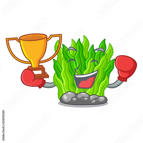 Boxing winner green seaweed in a cartoon aquarium