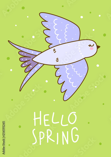 Spring greeting card with cute swallow