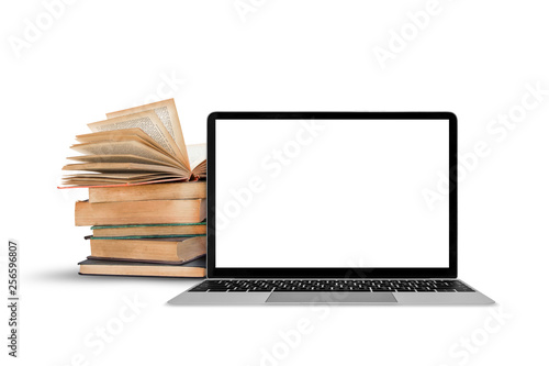 Books and laptop on white background.