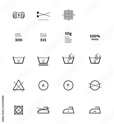 Yarn label information. Vector icons fabric feature, garments property symbols. Elements - wind proof, wool, waterproof, uv protection. Wear labels, textile industry pictogram for clothes