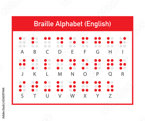 Braille English alphabet letters. Writing signs system for blind or visually impaired people. Vector illustration.