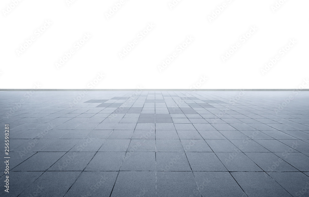 Wide perspective empty concrete marble floor isolated on white background .