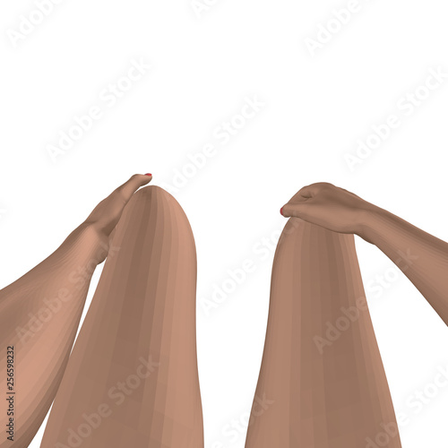 Vector legs and hands on the girl lap. Polygonal legs and hands of girl isolated on white background. 3D Red and pink manicure and pedicure. Girl nude is sitting. First-person view Vector illustration