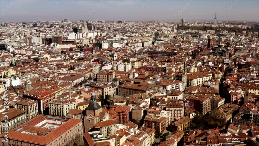 Aerial shot of Madrid in Spain. The camera flies into the sky and reveals the Plaza Mayor in the center. Aerial shot of Madrid in Spain. The camera flies into the sky and reveals the Plaza Mayor in the center.