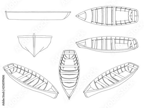 Set with contours of wooden boats. Boats of black lines on a white background. Boats isolated on white background. Different points of view. Vector illustration