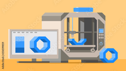 3D printing.Production process concept.Desktop computer.Digital model on screen.Technology of manufacturing.