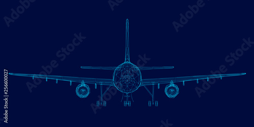 Wireframe of the passenger aircraft of the blue lines on a dark background. Front view. Vector illustration
