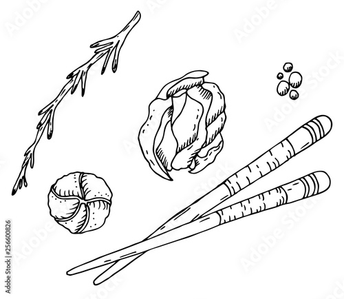 Japanese cuisine: chopsticks, pickled ginger, wasabi, pepper and rosemary