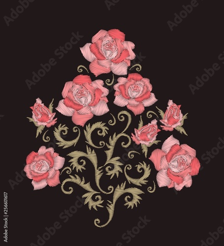 Rose bouquet. Embroidery design with pink stitched flowers. Embroidered floral pattern.