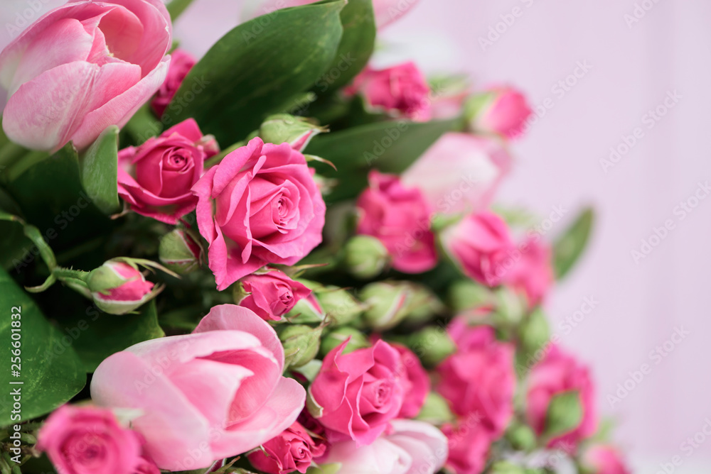 background beautiful bouquet of pink wild rose and pink tulip background beautiful bouquet of pink wild rose and pink tulip