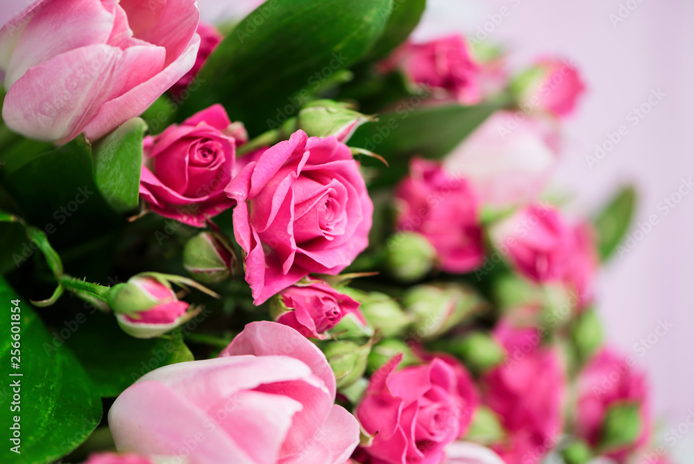 background beautiful bouquet of pink wild rose and pink tulip background beautiful bouquet of pink wild rose and pink tulip