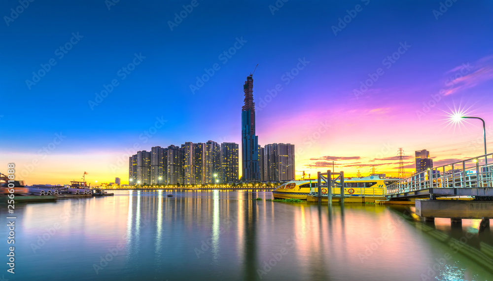 Ho Chi Minh City, Vietnam - February 21th, 2018: Skyscraper at sunset with impressive  apartment, showing urban development with modern architecture to bring international in Ho Chi Minh City, Vietnam
