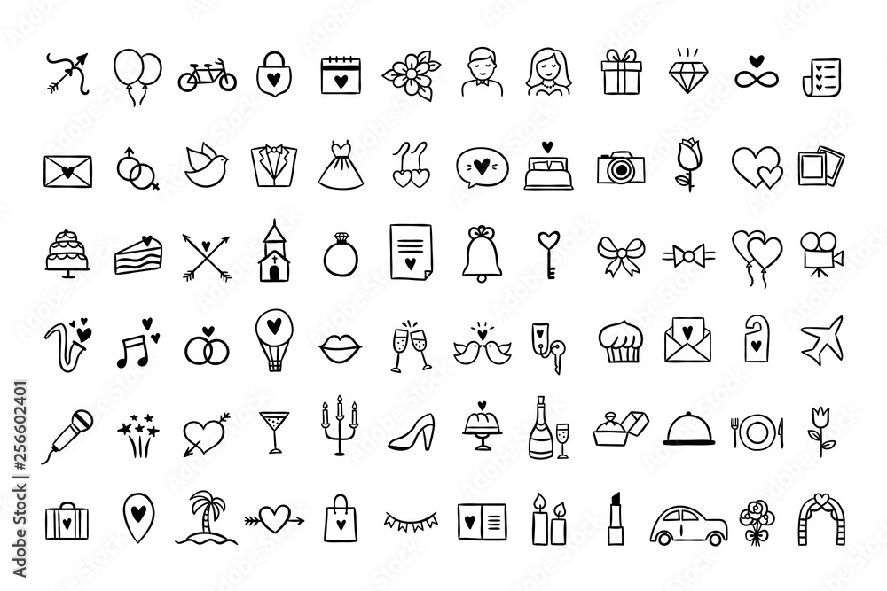 Wedding icons set. Hand drawn vector wedding symbols and signs on white ...