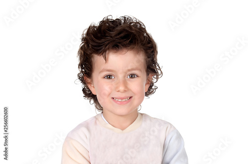 Funny small child with dark hair and brown eyes