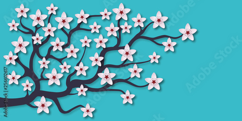 Illustration d’une branche de cerisier avec ses fleurs blanches sur un fond bleu, symbole de l’arrivée du printemps.