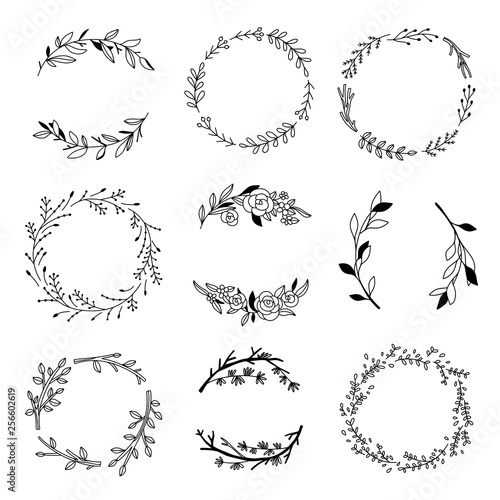 Vector black outline wreaths. Hand drawn wreaths and leaves compositions. Nature elements and botanical decorations