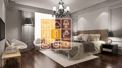 Elegant hotel room with smart home interface