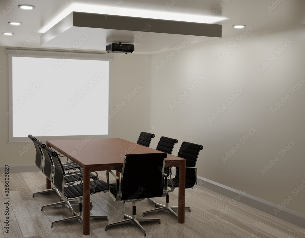 Fototapeta premium Meeting room with white wall, wooden floor ,projector machine copy space 3d rendering