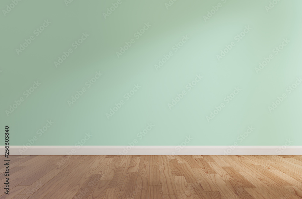 Green wall and wooden floor,3d rendering Green wall and wooden floor,3d rendering