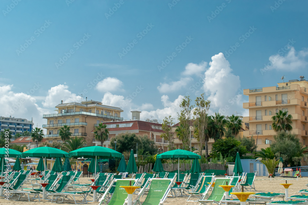 The beach with hotels and palm trees from  San Benedetto del Tronto, Adriatic Sea, Ascoli Piceno, Italy