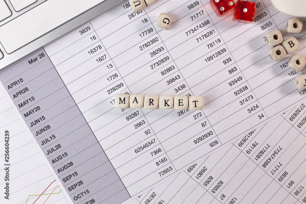 The market word on wood cube business content image. The market word on wood cube business content image.