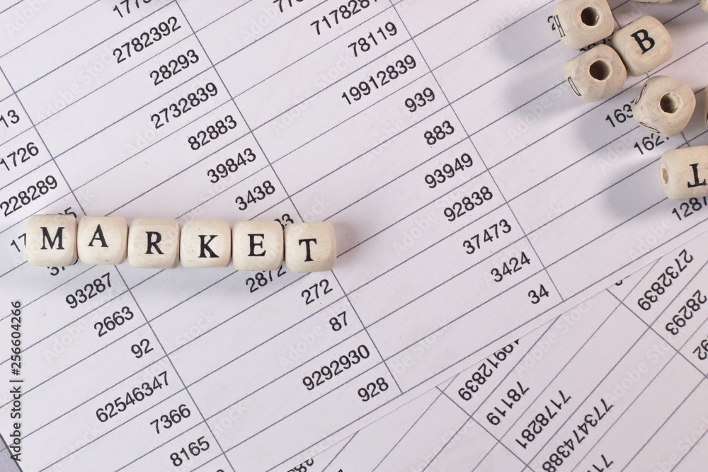 The market word on wood cube business content image. The market word on wood cube business content image.