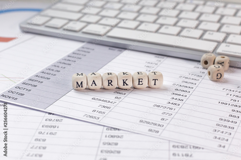 The market word on wood cube business content image. The market word on wood cube business content image.