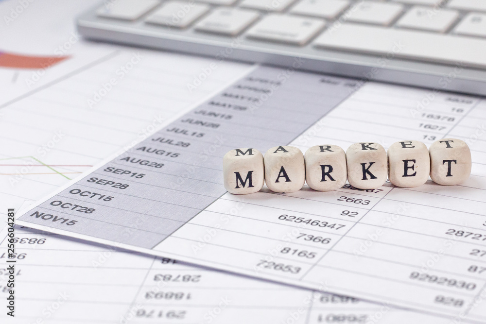 The market word on wood cube business content image. The market word on wood cube business content image.