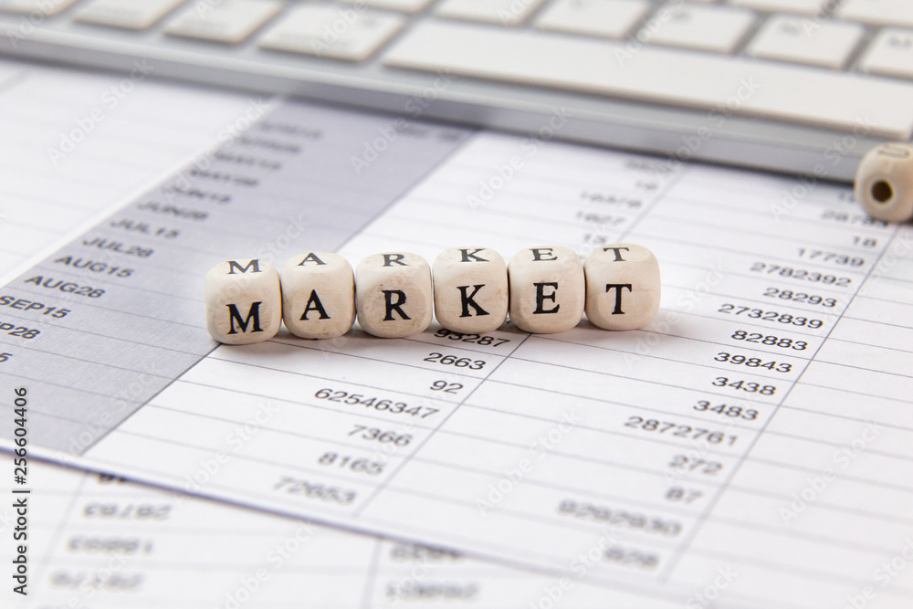 The market word on wood cube business content image. The market word on wood cube business content image.