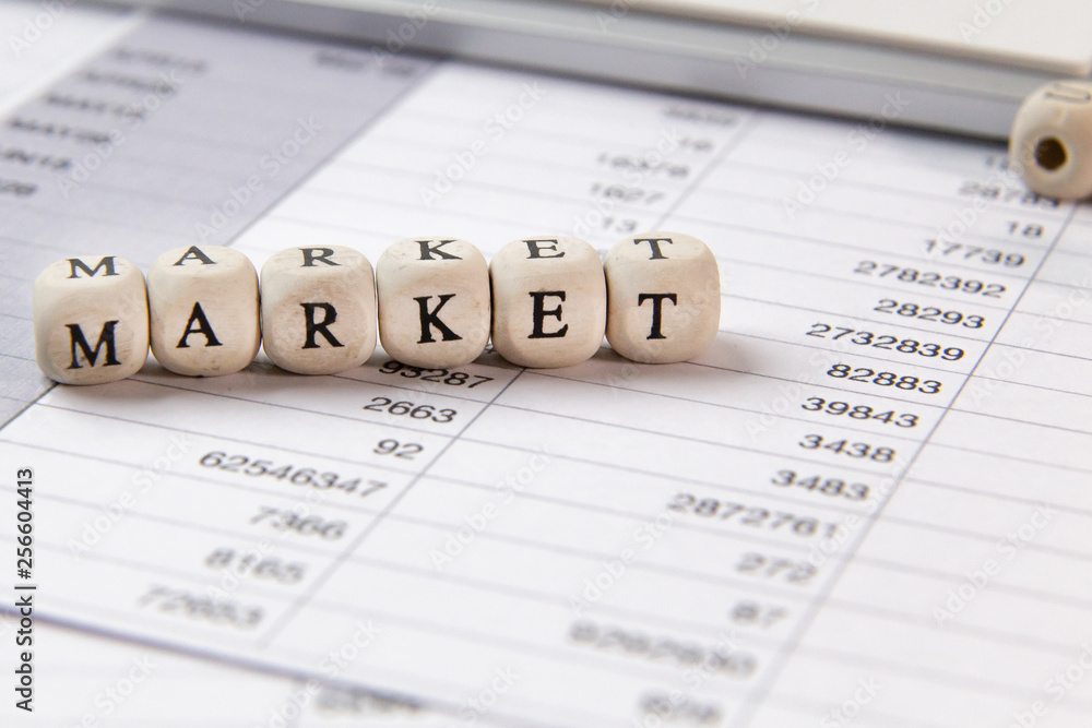 The market word on wood cube business content image. The market word on wood cube business content image.