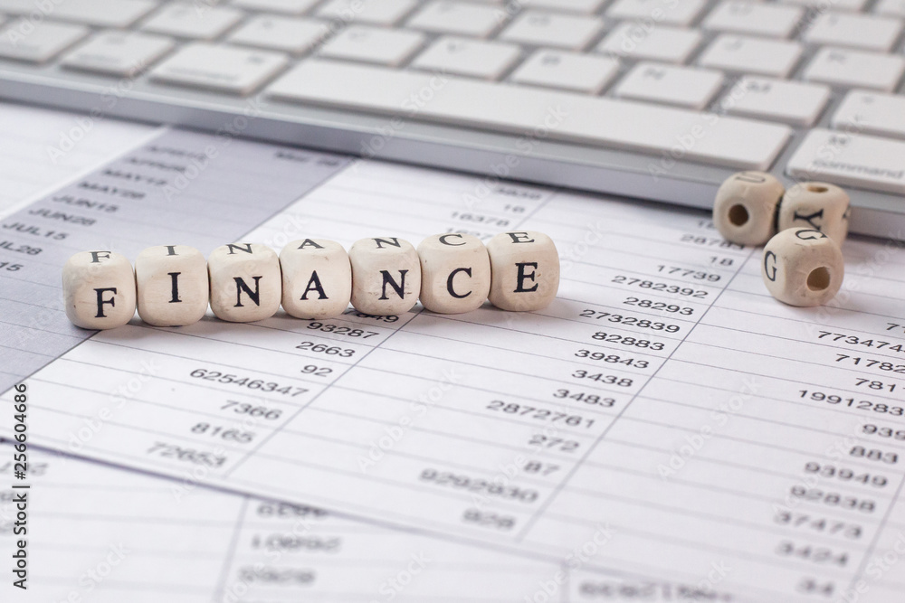 The finance word on wood cube business content image.
