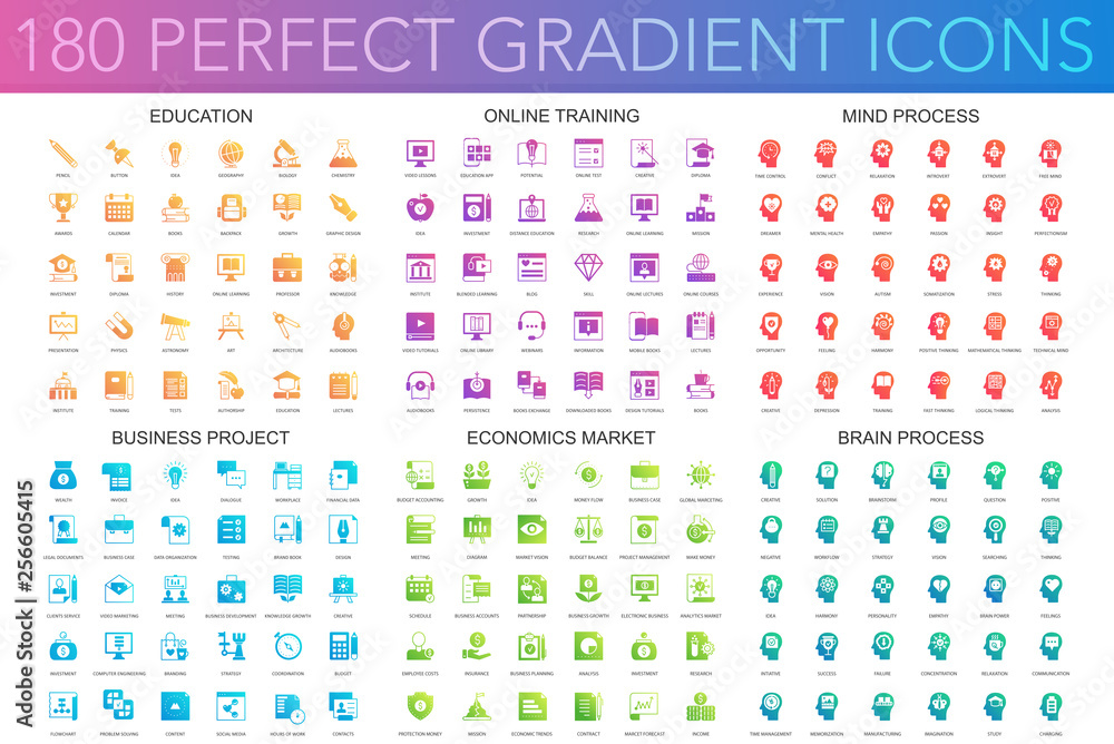 180 trendy perfect gradient icons set of education, online learning, brain mind process, business project, economics market. 180 trendy perfect gradient icons set of education, online learning, brain mind process, business project, economics market.