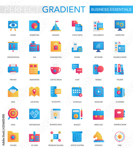 Vector set of trendy flat gradient Business essential icons.