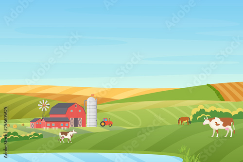 Summer warm weather farm coutryside landscape with eco cottage, barn, windmill, tractor, silage tower, cow, horse, green and orange fields near the blue clean lake flat vector illustration.