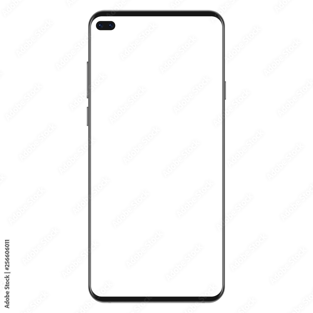 New generation version of black slim realistic no frame smartphone with blank white screen vector illustration. New generation version of black slim realistic no frame smartphone with blank white screen vector illustration.
