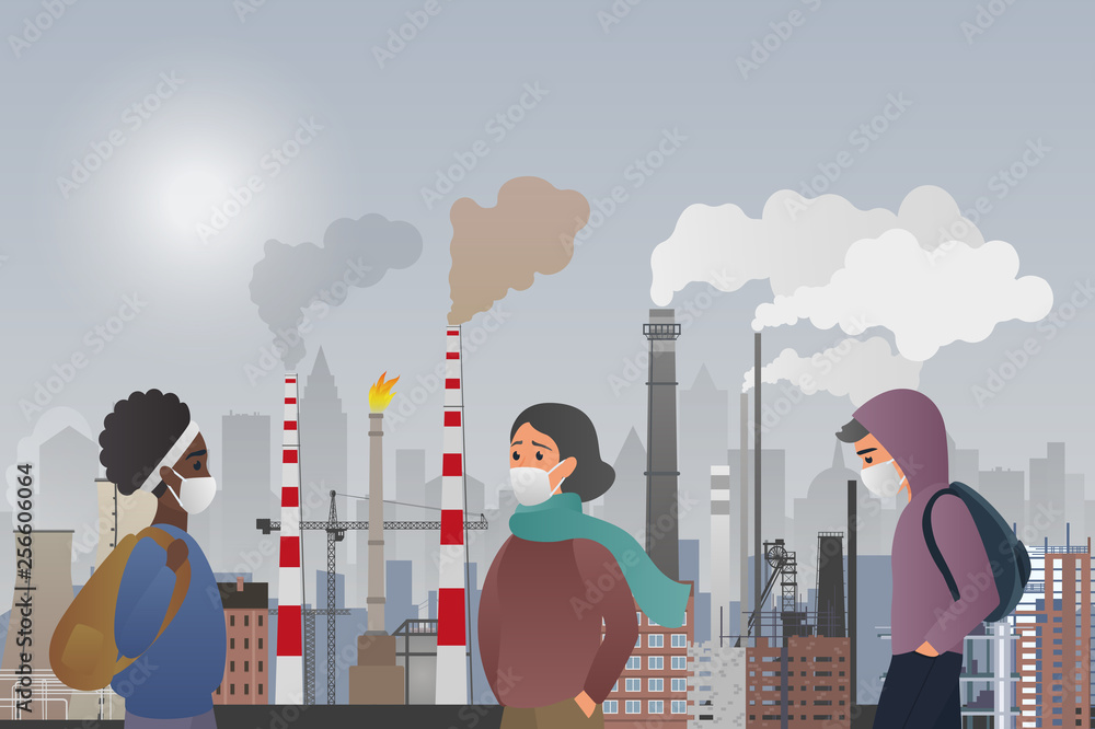 Φωτογραφία Young sad male and female people wear protecting masks suffering from manufacture pipes air polluting in the city